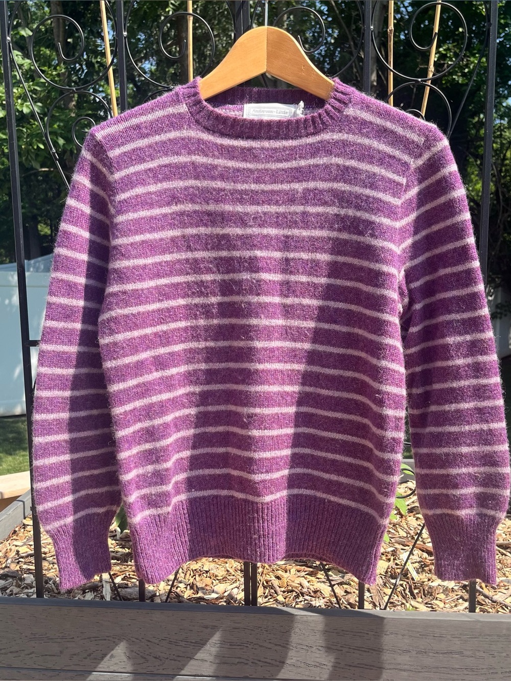 Vtg Anderson-Little 100% Wool Purple Striped Crewneck Knit Sweater Size S